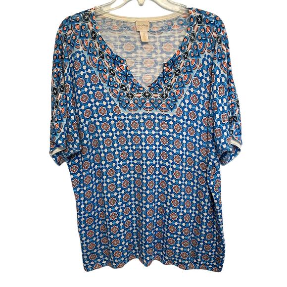 Chicos Mixed Tile Print Top Size 3 (Womens XL) Turquoise V-Neck Geo Casual - Picture 2 of 8